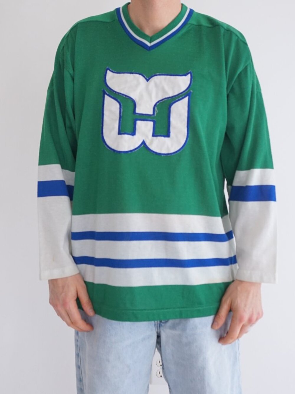 Vintage '70s NHL Sandow Sporting Knit Green Hockey RARE Whalers Striped Jersey M